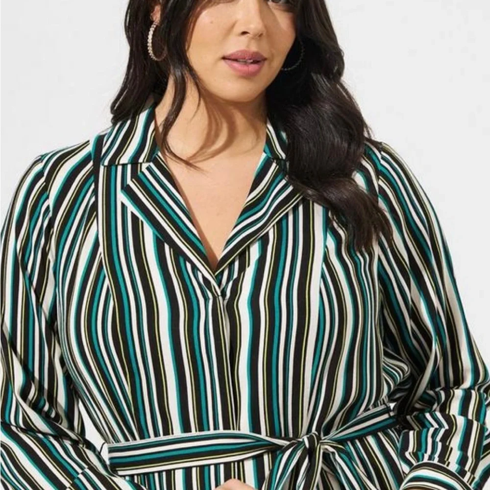 Torrid Black and Green Striped Wrap Belted Long Sleeve Mini Dress Size…